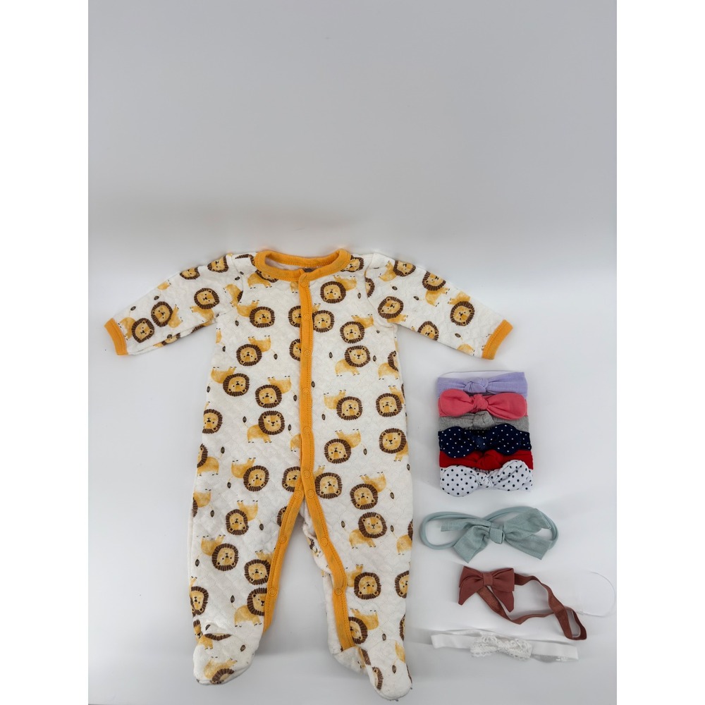 Little Beginnings Baby Lion Quilted Footed Sleeper and 9 Piece Headband Set 3-6M
